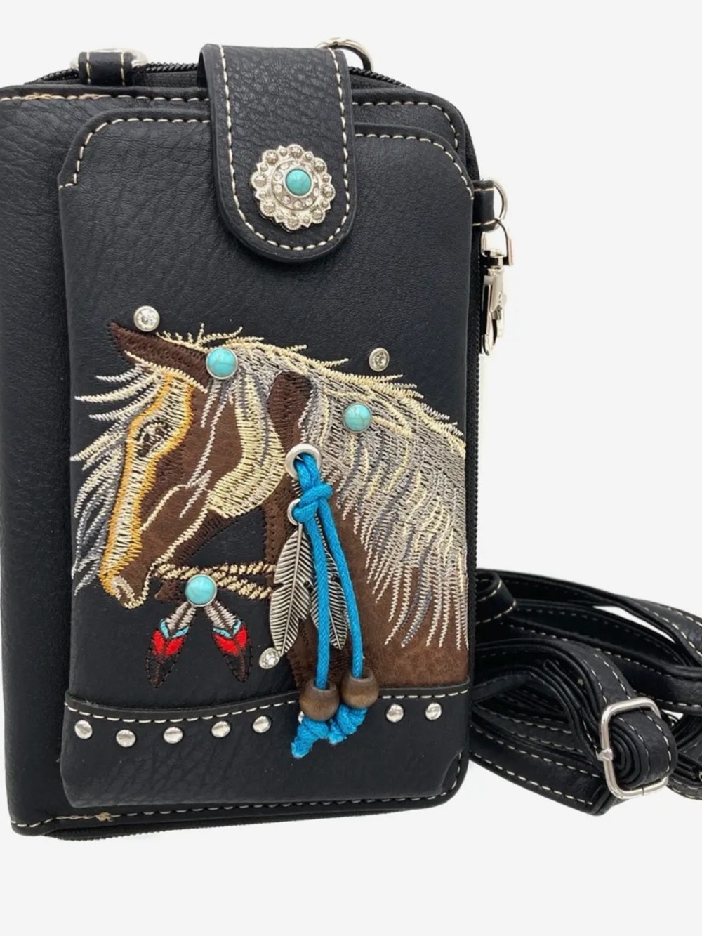 Black Crossbody Wallet with Embroidered Horse and Turquoise Accents